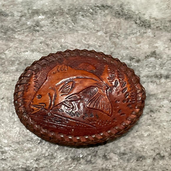Other - 80’s Vintage Hand Tooled Leather and Whip Stitched Belt Buckle Fish
